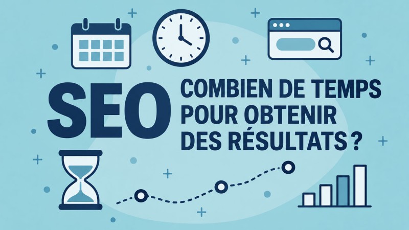 D&eacute;lais des r&eacute;sultats SEO illustr&eacute;s par un calendrier, une horloge et des &eacute;tapes de progression