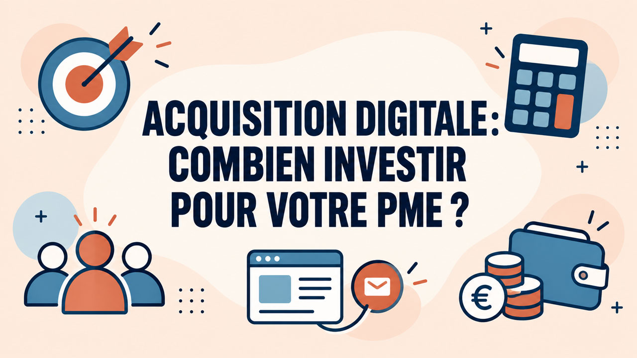 udget d&rsquo;acquisition digitale d&rsquo;une PME illustr&eacute; par des objectifs commerciaux, des prospects et une calculatrice