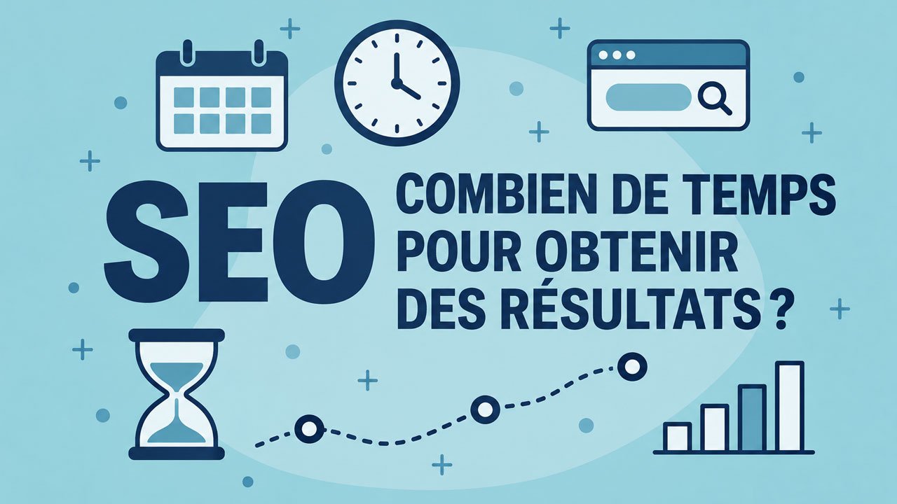 Délais des résultats SEO illustrés par un calendrier, une horloge et des étapes de progression