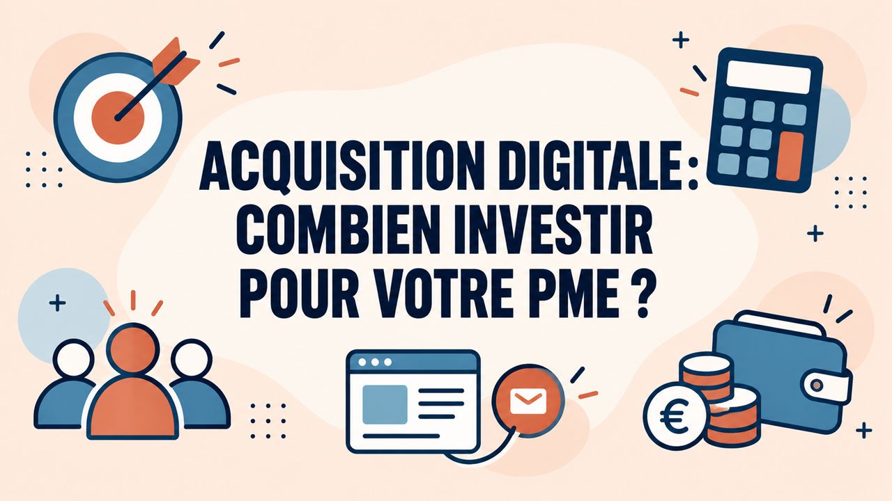 udget d&rsquo;acquisition digitale d&rsquo;une PME illustr&eacute; par des objectifs commerciaux, des prospects et une calculatrice